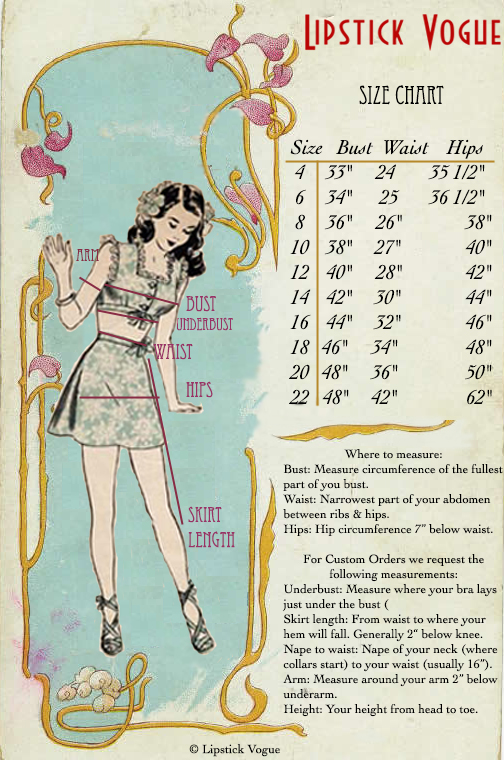 1950s Clothing Size Chart